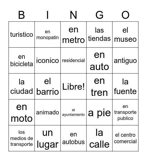 Transportacion Bingo Card