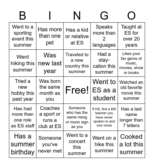 Staff Retreat Week Bingo Card