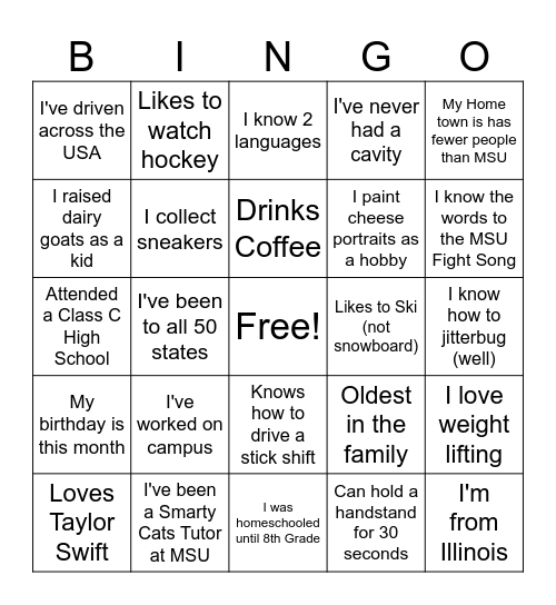 MSU Bobcat MIxer Bingo Card