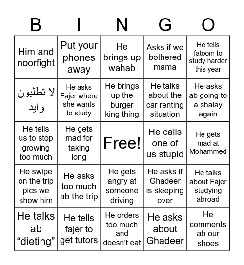 Dinner w baba Bingo Card