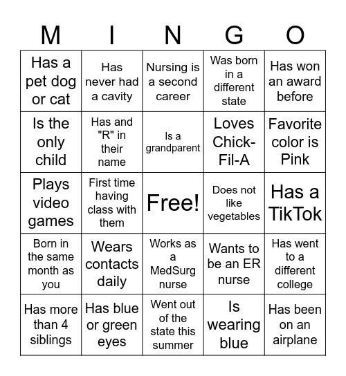 First Day of School MINGO Bingo Card