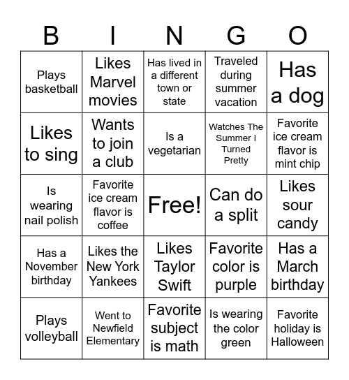 Classmate Bingo Card