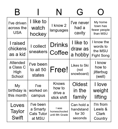 MSU Bobcat MIxer Bingo Card