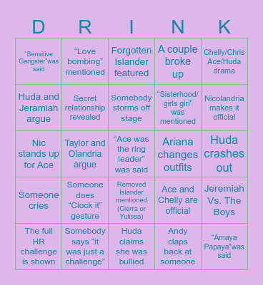 Love Island S7 Reunion Bingo Card