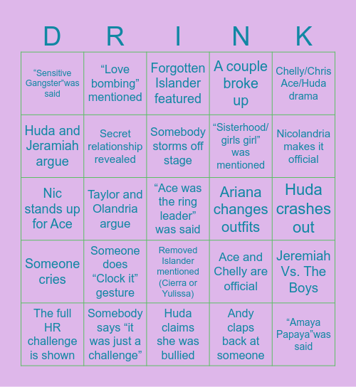 Love Island S7 Reunion Bingo Card
