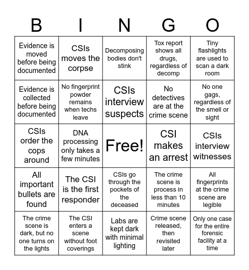 CSI Inaccuracies Bingo Card