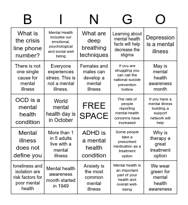 Mental Health Facts Bingo Card
