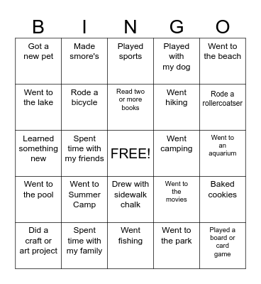 This summer I... Bingo Card