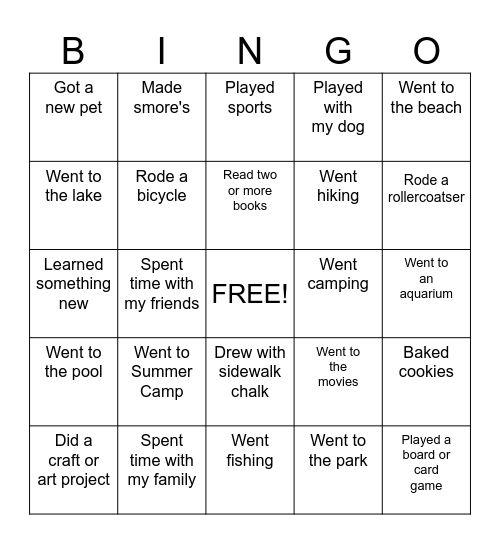 This summer I... Bingo Card