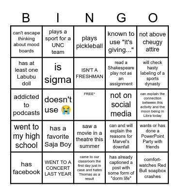 ENGL 105 Fall 2025 Icebreaker Bingo Card