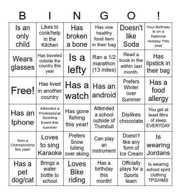 8th Grade Health Bingo Card