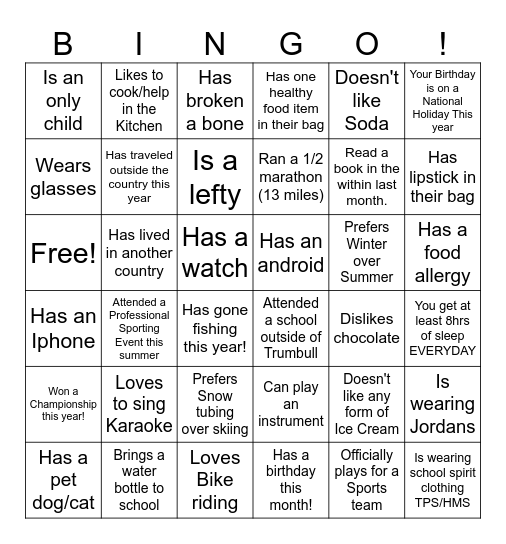 8th Grade Health Bingo Card