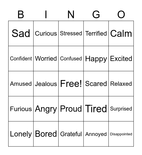 Feelings and Moods Bingo Card