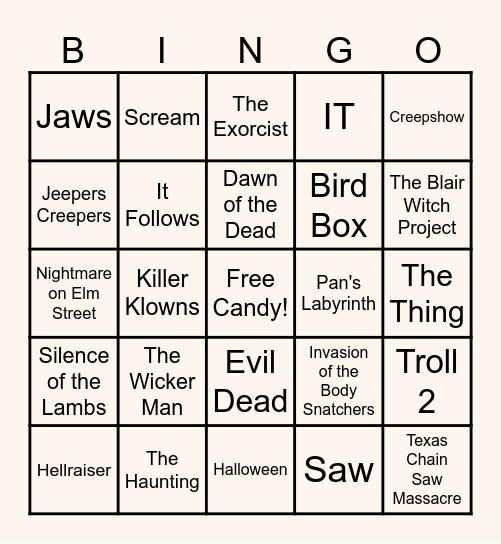 Horror Movie Bingo Card