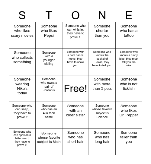 Mrs. Stone's Bingo Card