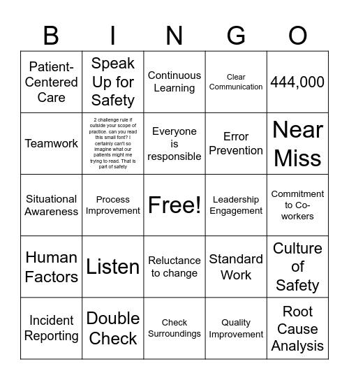 Culture of Safety Bingo Card