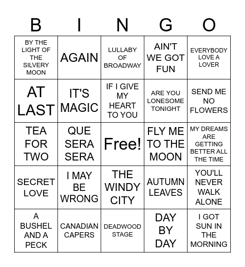 Doris Day Music Bingo Card