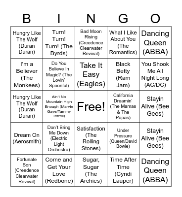Music Bingo (60s, 70s & 80s) Bingo Card