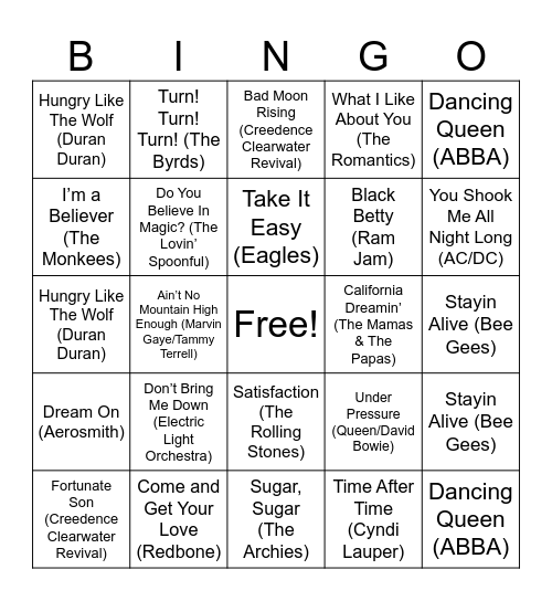 Music Bingo (60s, 70s & 80s) Bingo Card