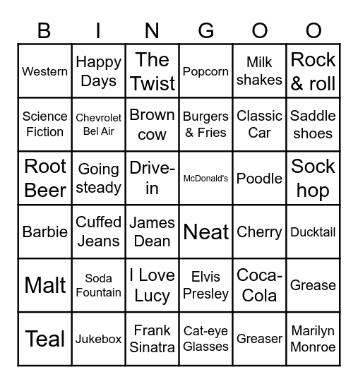 1950s Bingo Card