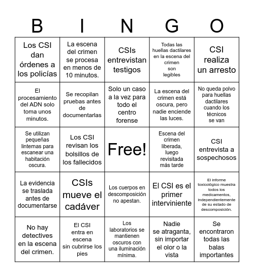Inexactitudes de CSI Bingo Card