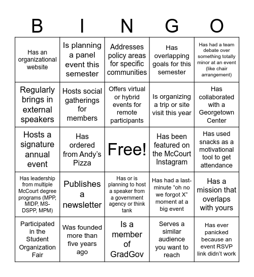 "Find an Org That.." Bingo Card