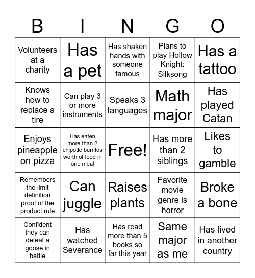 Getting to Know Each Other Bingo Card