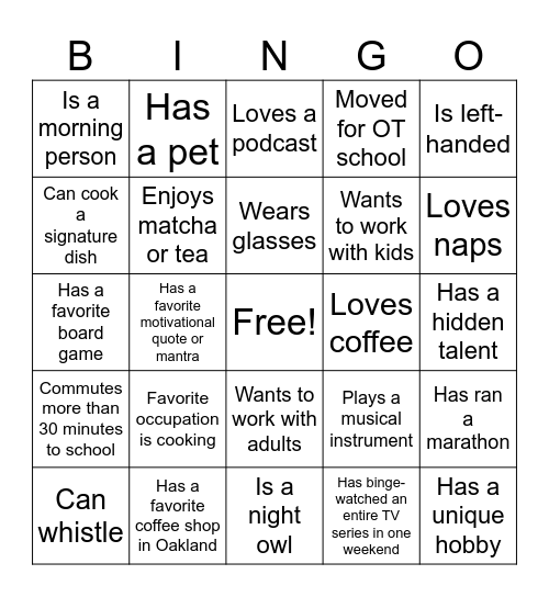 601/701 Welcome BINGO! Bingo Card