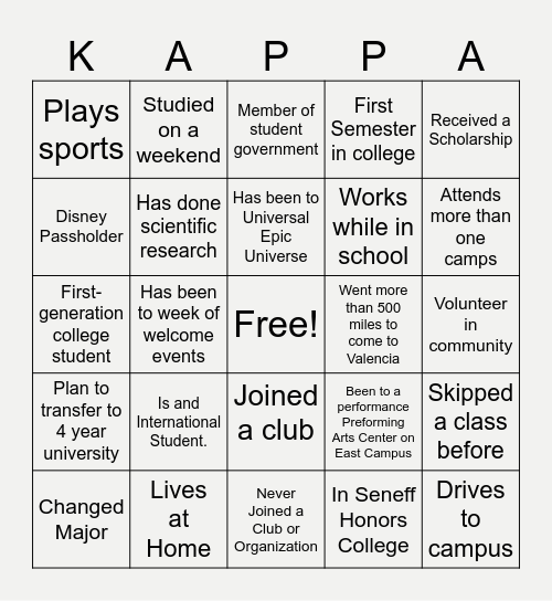 PTK Bingo - College Edition Bingo Card