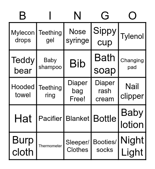 Diaper Bag Bingo Card
