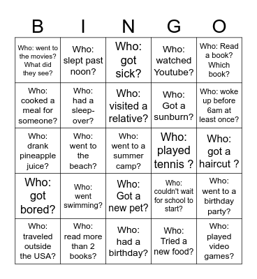 Back-to-School Bingo - What did you do over the holiday? Bingo Card