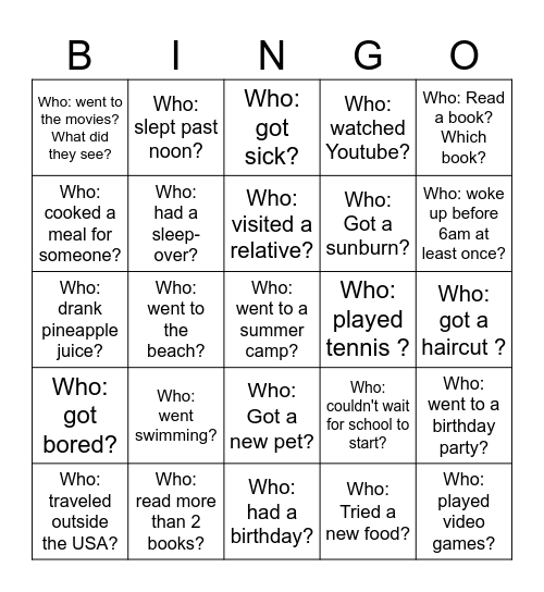 Back-to-School Bingo - What did you do over the holiday? Bingo Card
