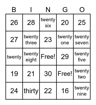 Number Bingo Card