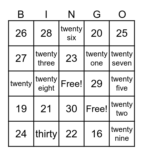 Number Bingo Card