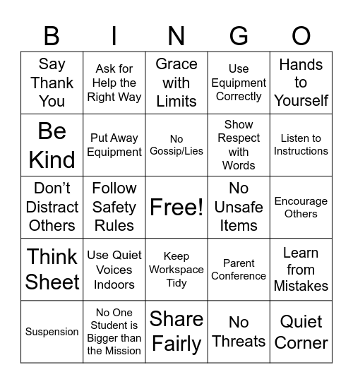 HLC Rules Bingo Card