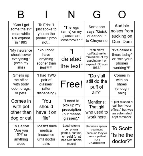 EYE DOCTOR BINGO Card