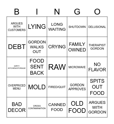 Kitchen Nightmare Bingo Card