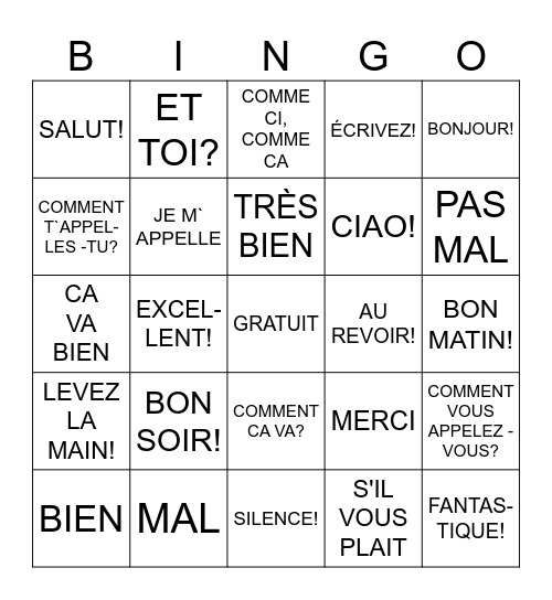 LES SALUTATIONS Bingo Card