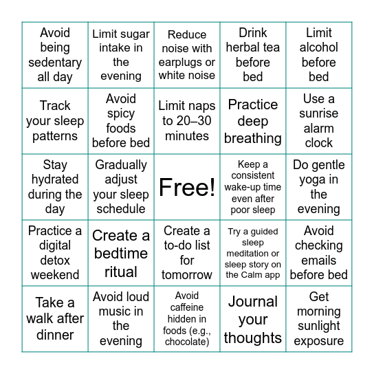 LiveIT Sleep Hygiene Bingo Challenge Bingo Card