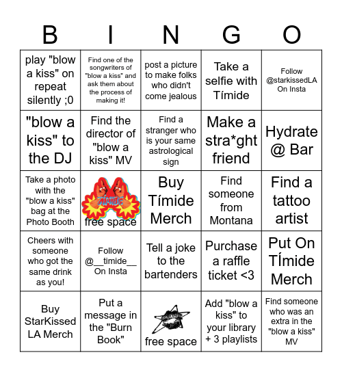 "blow a kiss" X Starkissed LA Bingo Card