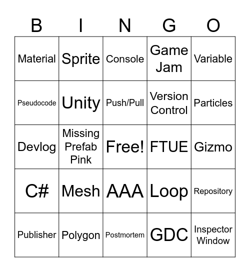 Game Design Bingo Card