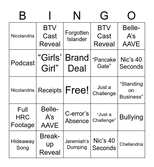 Love Island Season 7 Reunion Bingo Card