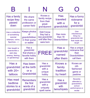 Grandparent & Grandchildren BINGO Card