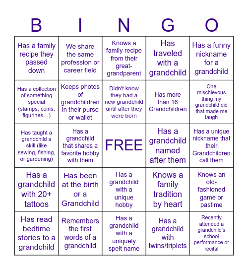 Grandparent & Grandchildren BINGO Card