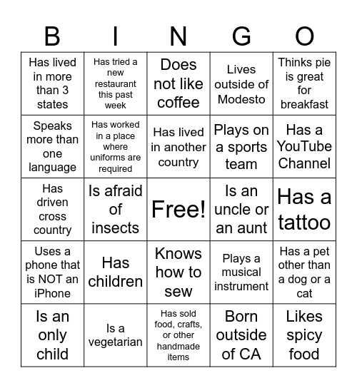 Icebreaker Bingo Card