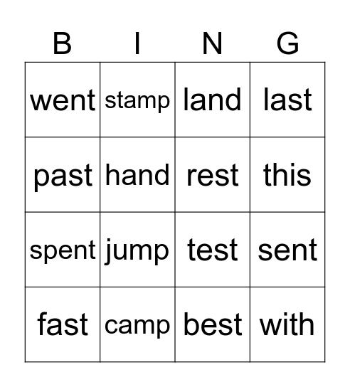 Spelling Test 2 Bingo Card