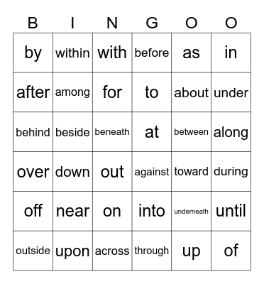 Prepositions Bingo Card