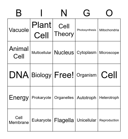 Cells and Their Organelles Bingo Card