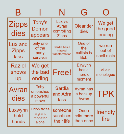 Owlyre Bingo Card Bingo Card
