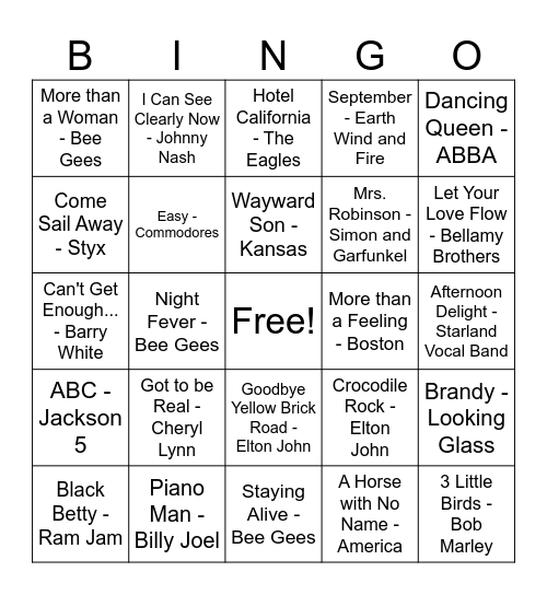 70's Hits Bingo Card